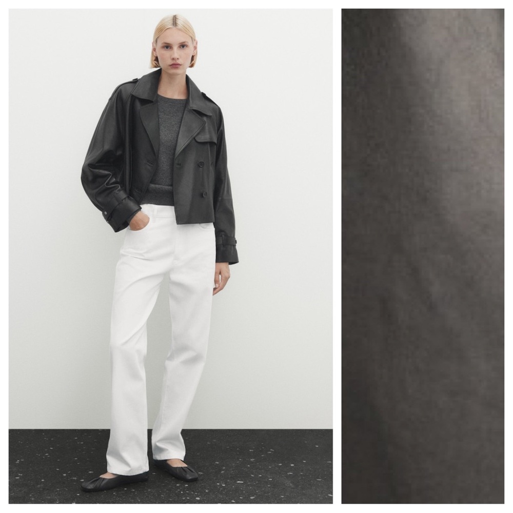 NWT. Massimo Dutti Black Nappa Leather Cropped Trench Coat. Size XS.